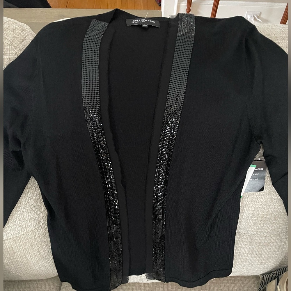 Dressy black cardigan, sparkle/lace detail front. Size Large